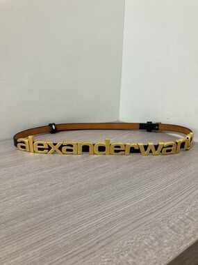 Alexander Wang Tan Leather Belt with Gold Signature Logo